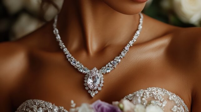 A stunning close-up captures the glamour of a luxurious necklace adorned with vibrant gemstones, emphasizing its suitability for high-class events and celebrations.