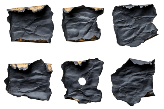 Six burnt, crumpled paper pieces isolated on black.