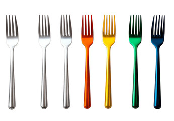 Colorful forks in a row: silver, red, orange, yellow, green, blue - kitchen utensil display