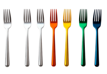 Colorful forks in a row: silver, red, orange, yellow, green, blue - kitchen utensil display