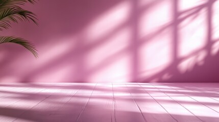 This minimalist image features a soft pink room illuminated with natural light, complemented by green plants, perfectly blending tranquility and modern elegance.