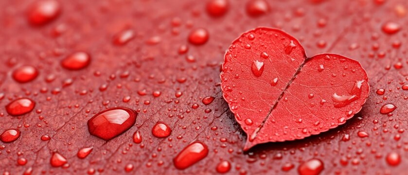 Red heart shaped object on wet red surface with water droplets creating a romantic and symbolic atmosphere representing love and passion