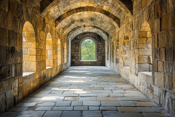 Obraz premium Arched stone hallway with a window showing distant trees