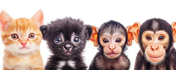 Adorable kitten, puppy, and two baby chimpanzees posing against a white background in a cute group.