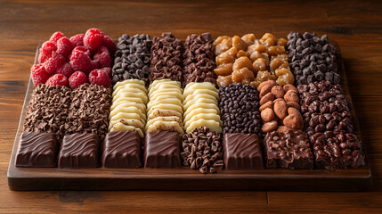 Chocolate Treats: An assortment of decadent chocolate bars arranged artfully on a wooden board. A feast for the eyes, showcasing the rich textures and tempting flavors of these delightful sweets.