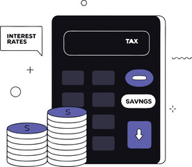 Financial Calculation Concept with Calculator, Gold Coins, and Percentage Symbol Representing Tax, Interest Rates, and Money Management.eps