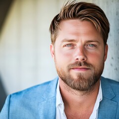 Obraz premium Handsome bearded man in casual blue shirt looking confidently at the camera with a blurred background emphasizing his strong facial features