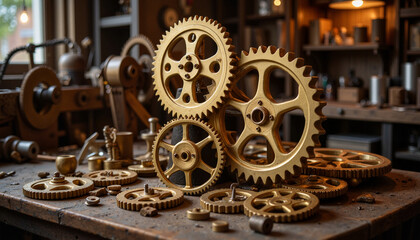 Obraz premium Golden gears arranged on a wooden workbench