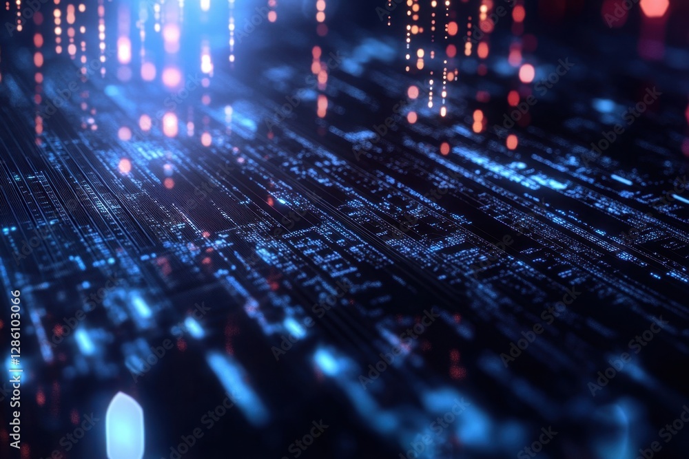 Poster futuristic cityscape illuminated by vibrant digital data streams, merging technology and imagination