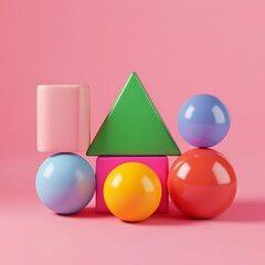 Colorful Geometric Shapes Arrangement on a Pink Background for Creative Design Projects