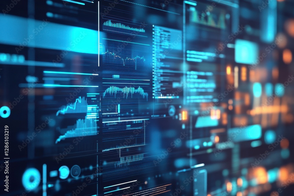 Poster futuristic digital interface showcasing data analytics and vibrant visualizations in a tech-driven e