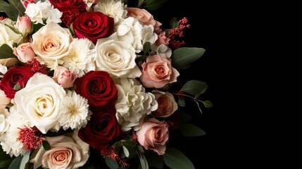 A stunning bouquet featuring red and cream roses interspersed with delicate flowers and greenery, creating a romantic and elegant floral arrangement.