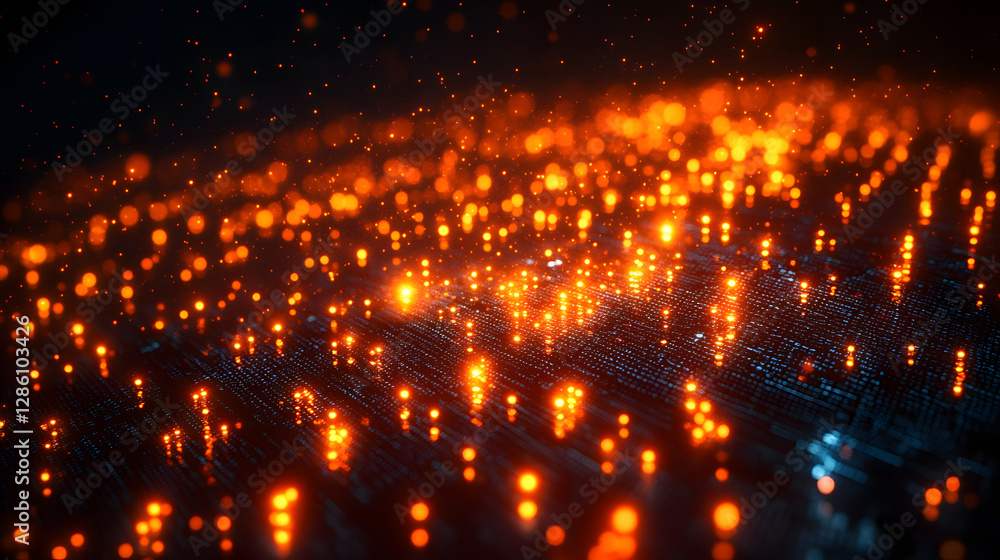 Poster abstract tech landscape: a mesmerizing digital landscape pulses with glowing orange orbs, creating a