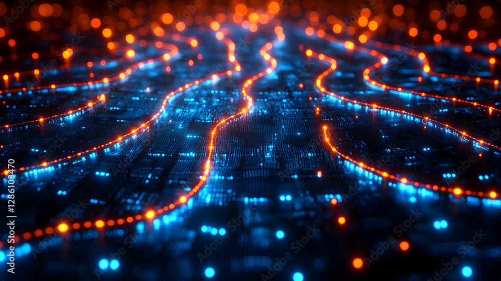 Poster illuminating pathways: digital data streams glow with vibrant orange and blue, weaving a complex net