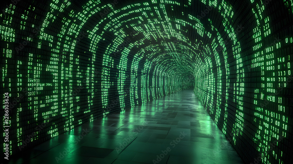 Poster digital pathway: an eye-level, expansive tunnel constructed from glowing green digital code, creatin