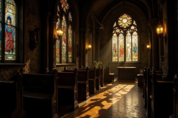 Fototapeta premium Vibrant stained glass patterns cast onto an aged wooden church pew sacred and historical ambiance