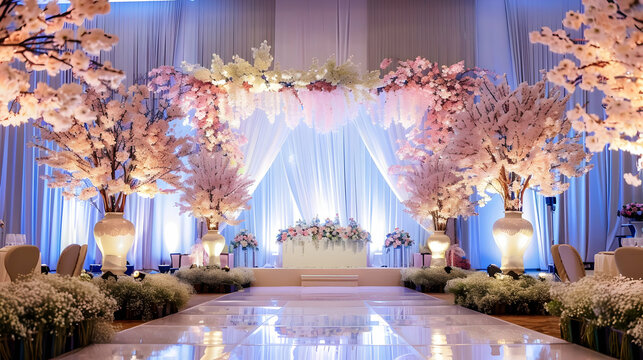 Elegant wedding reception setup with floral decorations and soft lighting, creating a romantic atmosphere (2)
