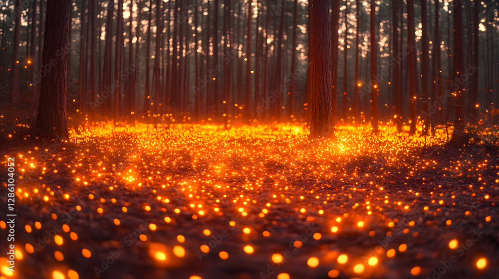 Poster enchanted forest: a mystical forest scene, illuminated by countless golden orbs on the forest floor.