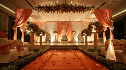 Elegant wedding stage decorated with flowers and drapes, set in a luxurious indoor venue
