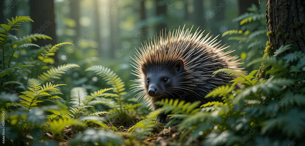 Poster a hedgehog navigates through dense ferns in a forest, illuminated by soft sunlight filtering through