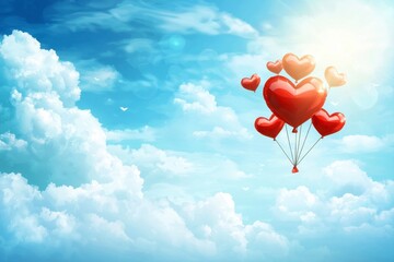 Fototapeta premium Red Heart Balloons Floating in a Bright Blue Sky with Clouds