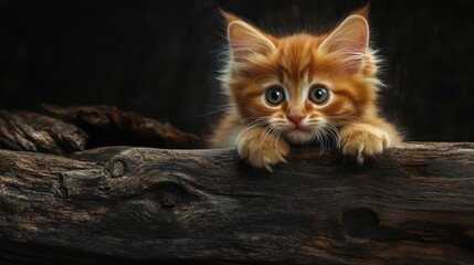 Fototapeta premium Adorable ginger kitten peeking over a wooden log in a dark setting.