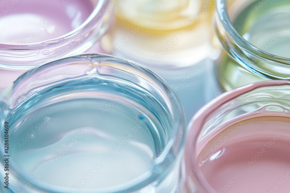 Poster colorful liquid reflections in jars showcasing a spectrum of soft pastels under gentle light in a se