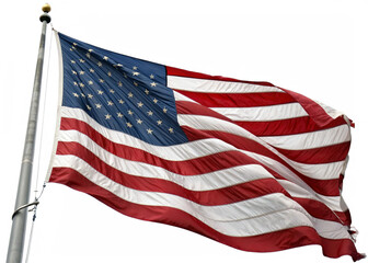 Fototapeta premium american flag waving on a flagpole isolated on white background with patriotic symbolism 