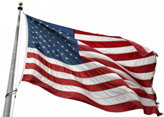 american flag waving on a flagpole isolated on white background with patriotic symbolism
