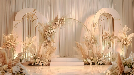 Elegant floral arrangement in a wedding venue with soft lighting and decorative arch