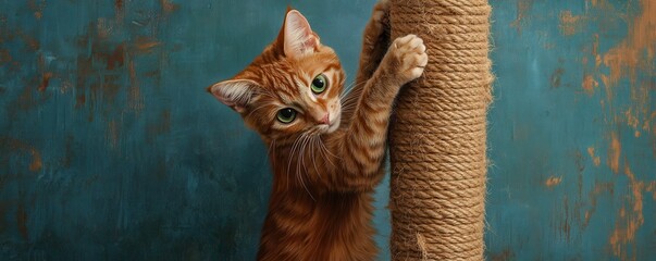 Adorable ginger cat scratching a post, playful and curious against a rustic background.