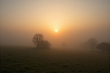 Obraz premium Early morning sun casting warm glows on a misty rural landscape tranquil and dreamlike countryside scene