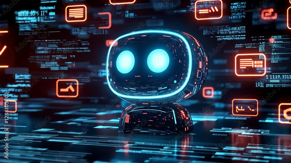 Poster futuristic robot with glowing blue eyes surrounded by digital data streams and neon graphics
