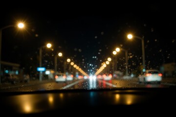 Streetlights reflecting on a wet car windshield creating surreal and abstract bokeh effects nighttime driving aesthetic