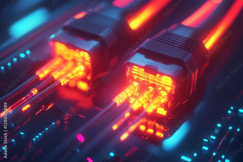 Aufkleber illuminated network cables connect in a high-tech environment, showcasing bright colors and intricat