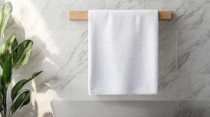 A pristine, white towel hangs gracefully on a wooden rack, perfectly blending with the minimalist bathroom design featuring marble tiles and natural light.
