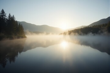 Fototapeta premium Soft morning mist diffusing gentle sunlight over a tranquil lake dreamy and serene nature scenery