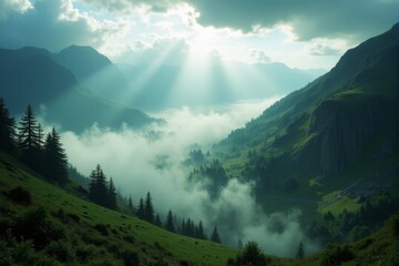 Sunbeams piercing through dense fog in a lush green valley atmospheric and breathtaking mountain landscape