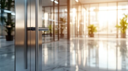 A close-up perspective of a glass door handle, reflecting warm sunlight and showcasing the openness and clarity of modern architecture.