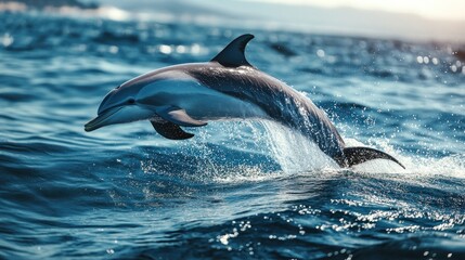 Fototapeta premium Dolphin leaps in ocean, waves in background