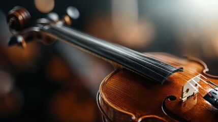 Fototapeta premium An artistic close-up photograph of a violin, showcasing its intricate details and the play of light, symbolizing the beauty and depth of musical expression.