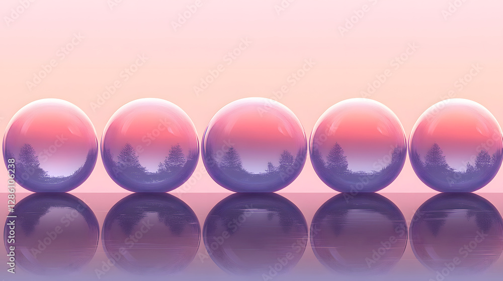 Poster elegant spheres: a mesmerizing array of glossy, gradient-colored spheres, lined up perfectly, with s