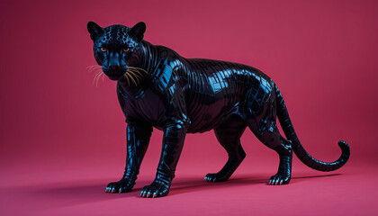 Fototapeta premium A robotic jaguar, crafted with black metallic patterns, poses majestically on a bright pink backdrop