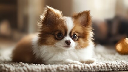 Adorable fluffy puppy resting on a soft carpet, gazing with curious brown eyes.