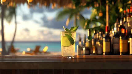 A refreshing mojito cocktail at sunset, inviting you to a tropical beach bar escape with warm golden light and a blurred ocean backdrop.