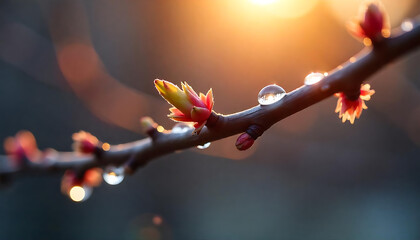 a pine branch with melting sleet, the water droplets magnifying the needles, captured during a sunny day in late autumn, created with generative ai