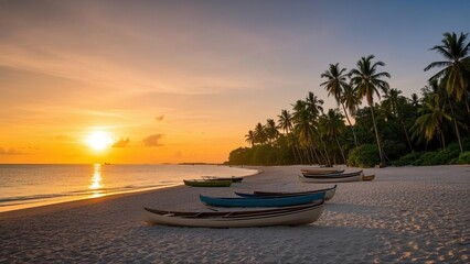 Sunset beach with small boat in the white sands