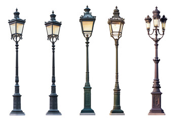 Vintage street lamps collection with ornate designs and artistic elegance