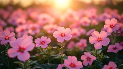 Obraz premium Pink flowers field sunset