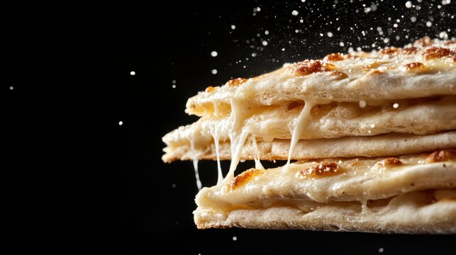 An enticing layered cheese dish reveals its delicious, gooey cheddar melting and oozing between the crispy layers, making it a favorite for cheese enthusiasts everywhere.